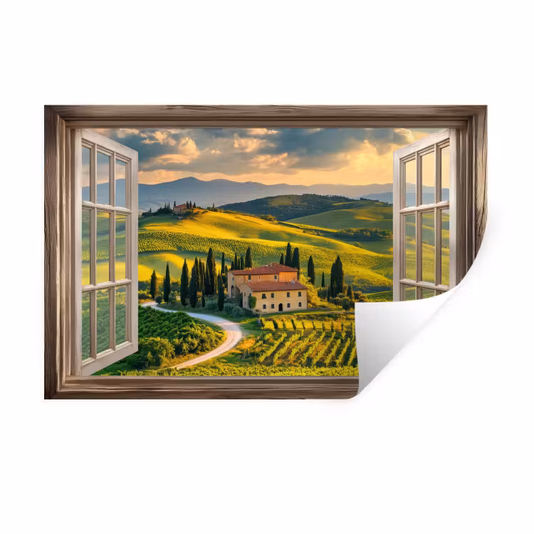 Doorkijk - Toscane - Uitzicht - Landschap - Zomer Muursticker klein -3d