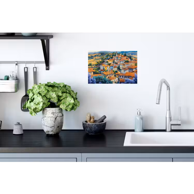 Dorp - Heuvels - Landschap - Bomen Muursticker klein -keuken