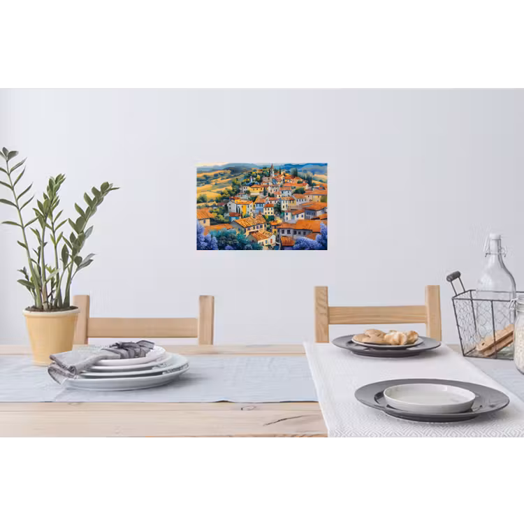 Dorp - Heuvels - Landschap - Bomen Muursticker klein -eettafel