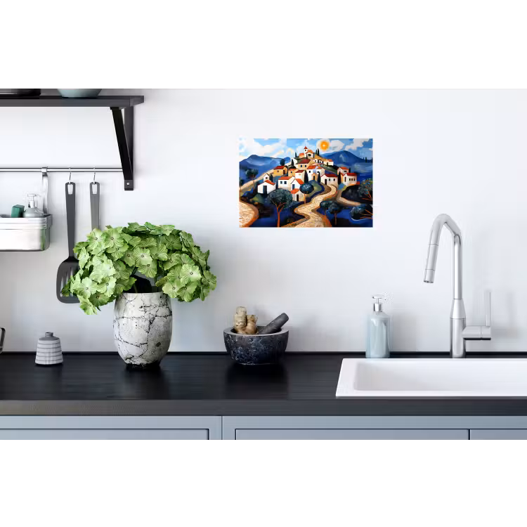 Dorp - Heuvelachtig - Zon - Mozaïek Muursticker klein -keuken