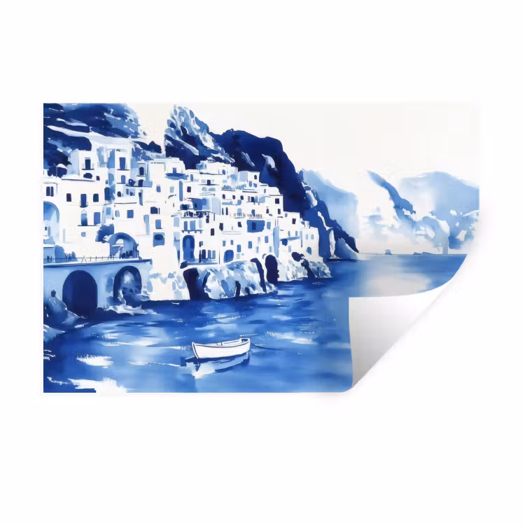 Dorp - Rotswand - Roeiboot - Water Muursticker klein -3d