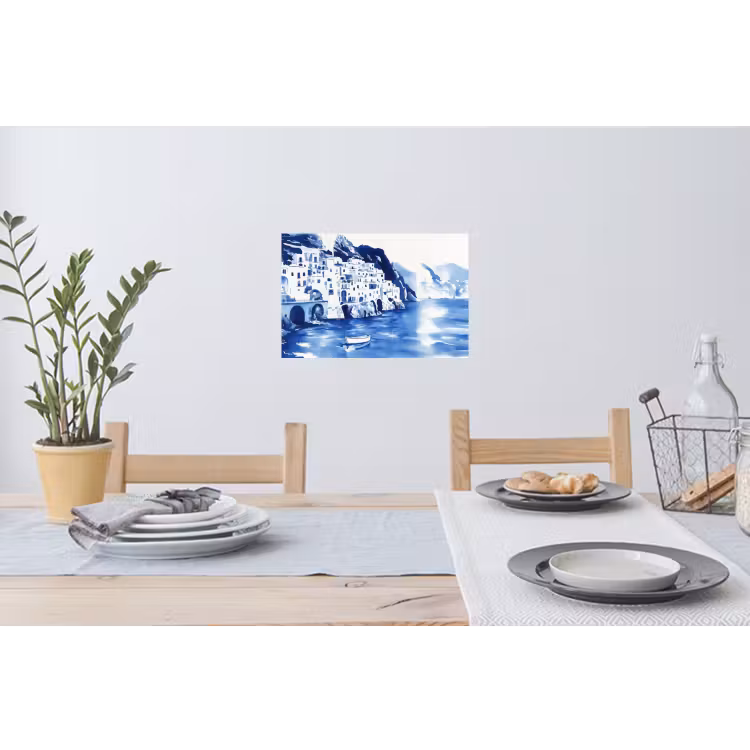 Dorp - Rotswand - Roeiboot - Water Muursticker klein -eettafel