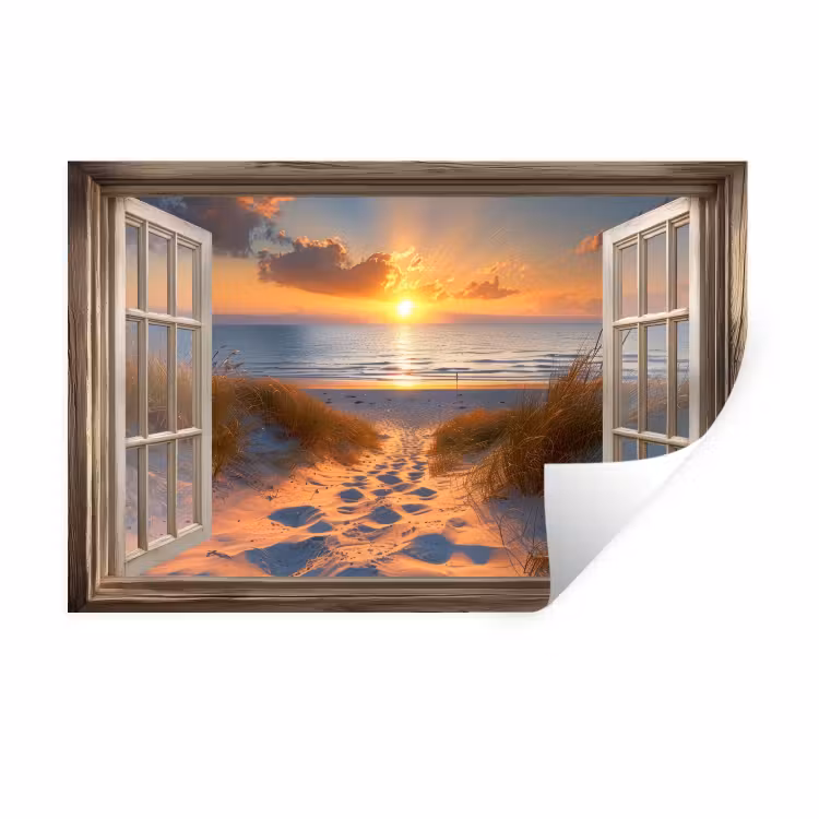 Doorkijk - Strand - Duinen - Zonsondergang Muursticker klein -3d