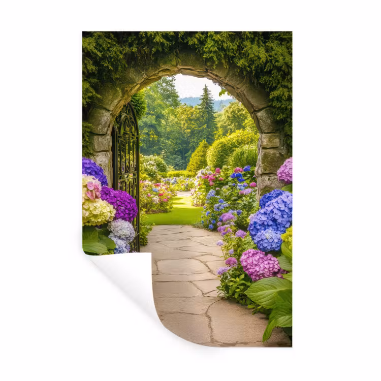 Doorkijk - Poort - Hortensia - Bloementuin Muursticker klein -3d