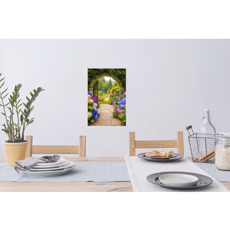 Doorkijk - Poort - Hortensia - Bloementuin Muursticker klein -eettafel