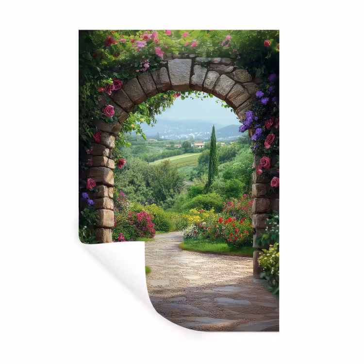 Doorkijk - Landschap - Bloemen - Pad - Uitzicht Muursticker klein -3d