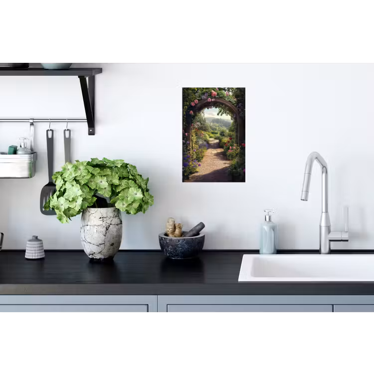 Doorkijk - Landschap - Bloemen - Rozenboog - Natuur Muursticker klein -keuken