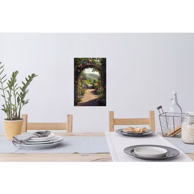 Doorkijk - Landschap - Bloemen - Rozenboog - Natuur Muursticker klein -eettafel