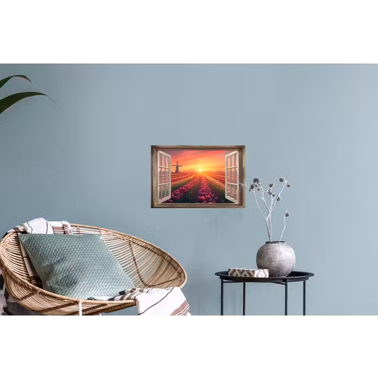 Doorkijk - Tulpen - Zonsondergang - Bloemen - Kleurrijk Muursticker klein -plant