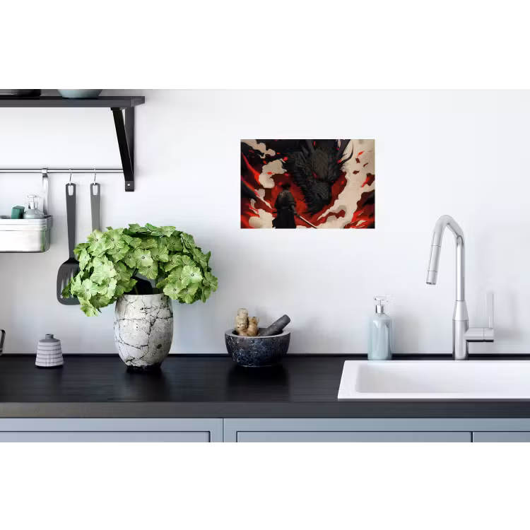 Krijger - Draak - Zwart - Rood - Rook Muursticker klein -keuken