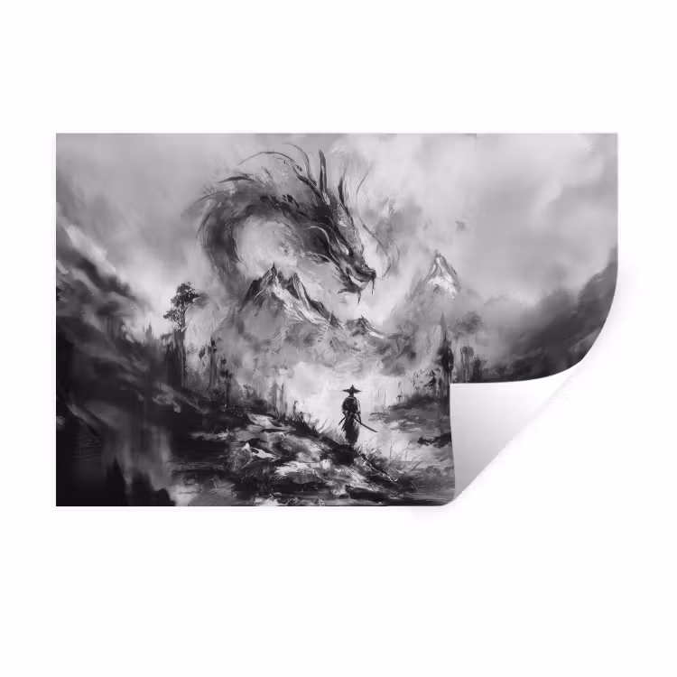 Krijger - Draak - Grijs Muursticker klein -3d