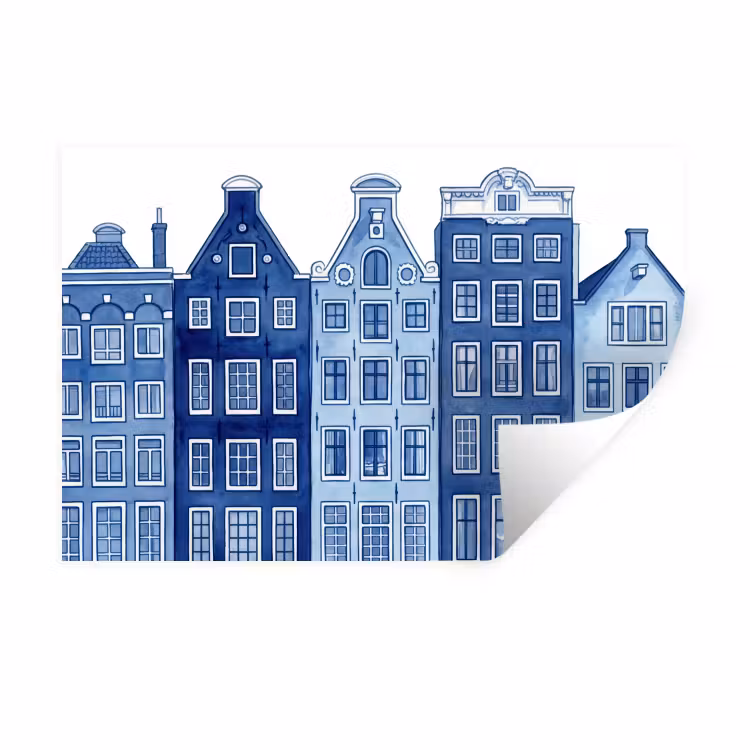 Aquarel - Grachtenpanden - Delfts - Blauw Muursticker klein -3d