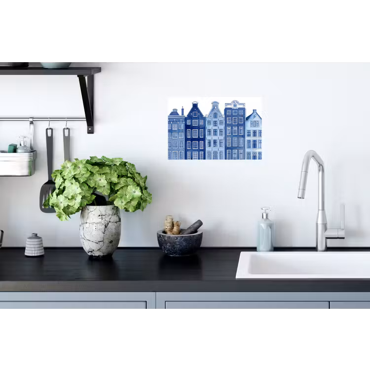 Aquarel - Grachtenpanden - Delfts - Blauw Muursticker klein -keuken