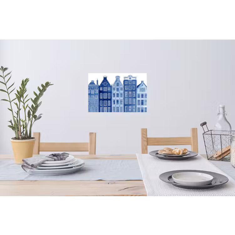 Aquarel - Grachtenpanden - Delfts - Blauw Muursticker klein -eettafel