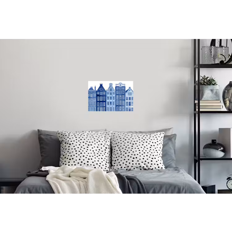 Aquarel - Grachtenpanden - Delfts - Blauw Muursticker klein -slaapkamer