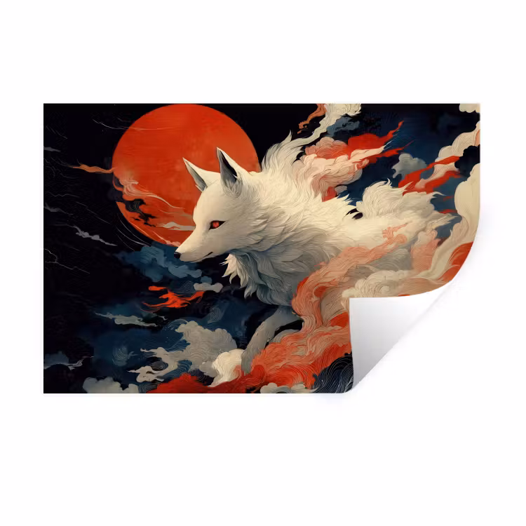 Witte vos - wolken - maan Muursticker klein -3d