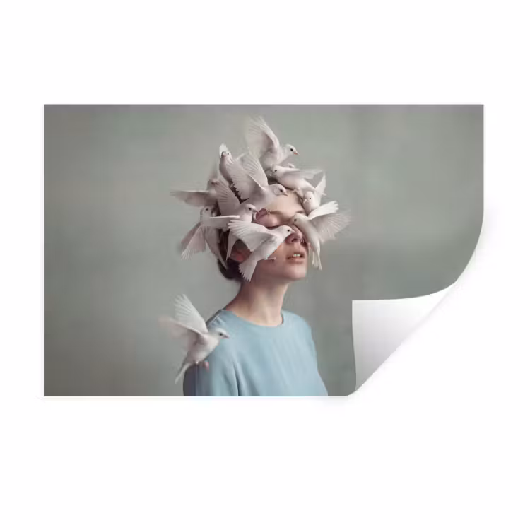 Vrouw - Vogels - Abstract - Modern - Wit Muursticker klein -3d