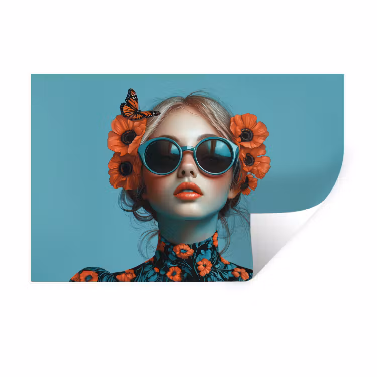 Vrouw - Blauw - Vlinder - Bloemen - Aesthetic Muursticker klein -3d