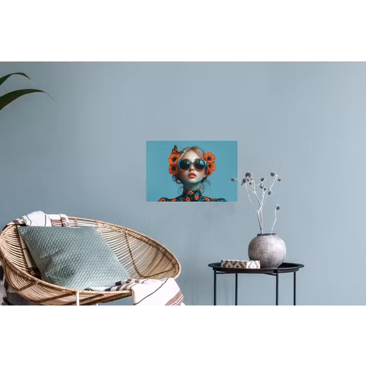 Vrouw - Blauw - Vlinder - Bloemen - Aesthetic Muursticker klein -plant