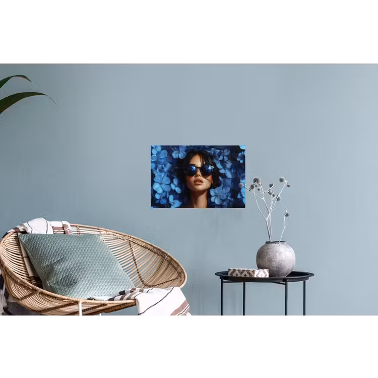 Vrouw - Blauw - Bloemen - Vlinders - Natuur Muursticker klein -plant