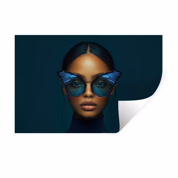 Vrouw - Vlinder - Bril - Blauw - Modern - Portret Muursticker klein -3d