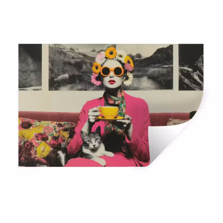 Vrouw - Kat - Bloemen - Kopje - Retro Muursticker klein -3d