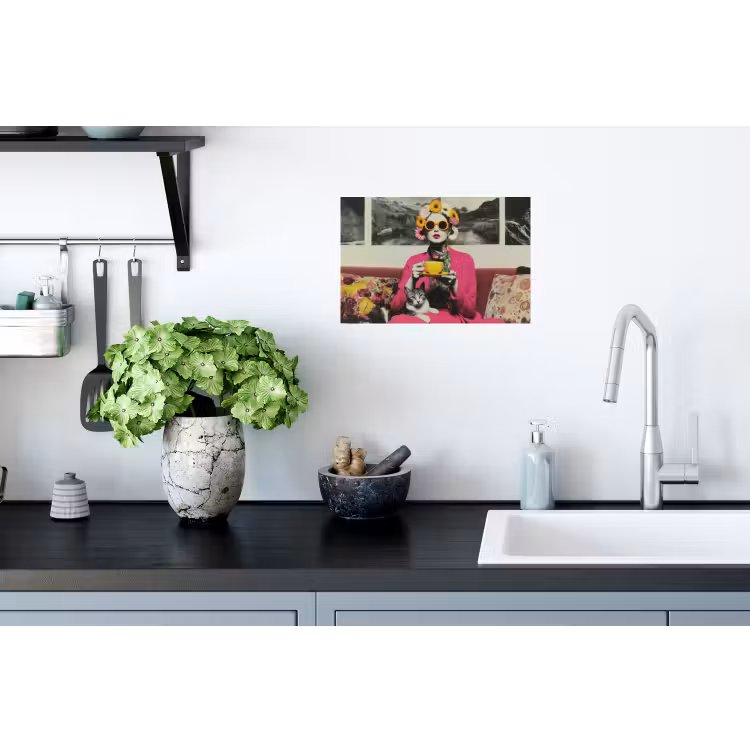 Vrouw - Kat - Bloemen - Kopje - Retro Muursticker klein -keuken