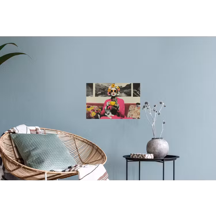 Vrouw - Kat - Bloemen - Kopje - Retro Muursticker klein -plant