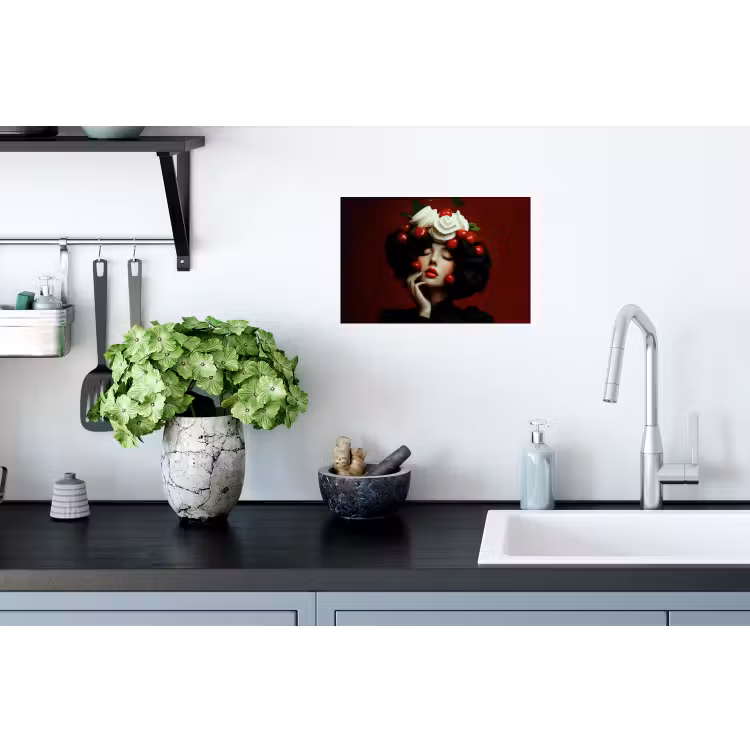 Vrouw - Kersen - Slagroom Muursticker klein -keuken