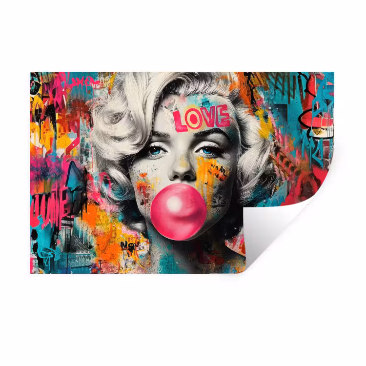 Vrouw - Kauwgom - Graffiti - Neonkleuren Muursticker klein -3d