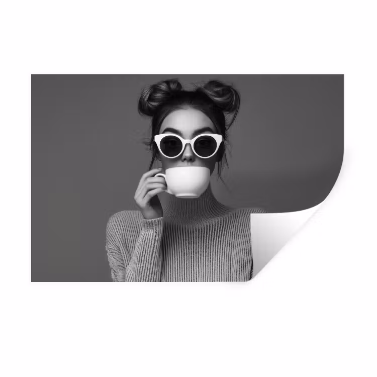 Vrouw - Koffie - Zwart - Wit Muursticker klein -3d