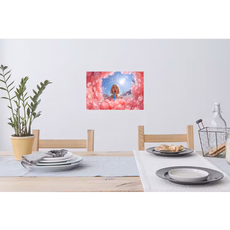 Vrouw - Drank - Zomer - Roze - Blauw Muursticker klein -eettafel