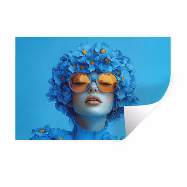 Vrouw - Bloem - Blauw - Modern - Bril - Portret Muursticker klein -3d