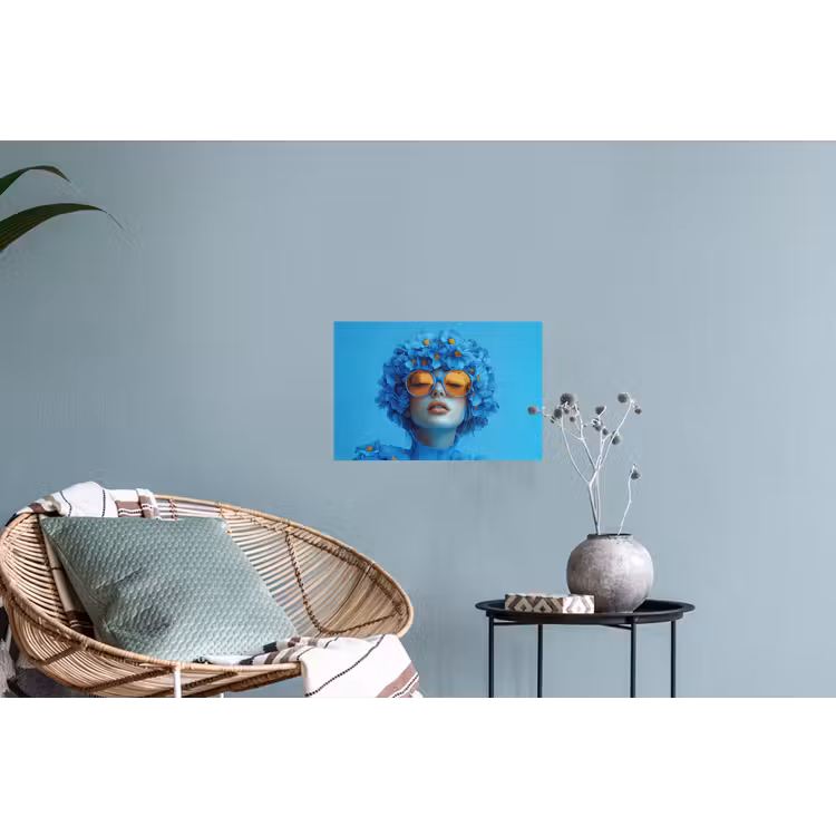 Vrouw - Bloem - Blauw - Modern - Bril - Portret Muursticker klein -plant