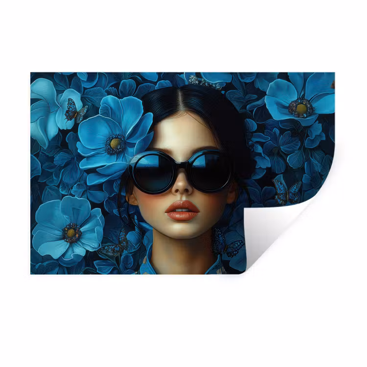 Vrouw - Bloemen - Blauw - Aesthetic - Luxe Muursticker klein -3d