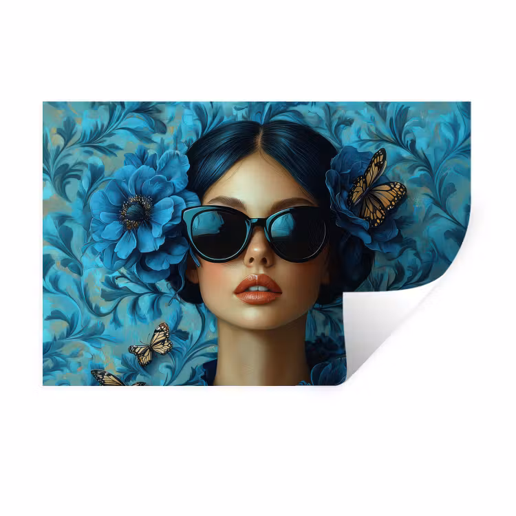 Vrouw - Bloemen - Vlinders - Blauw - Abstract Muursticker klein -3d