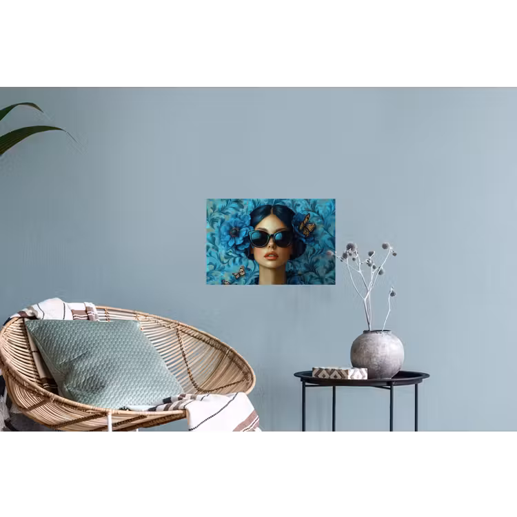 Vrouw - Bloemen - Vlinders - Blauw - Abstract Muursticker klein -plant