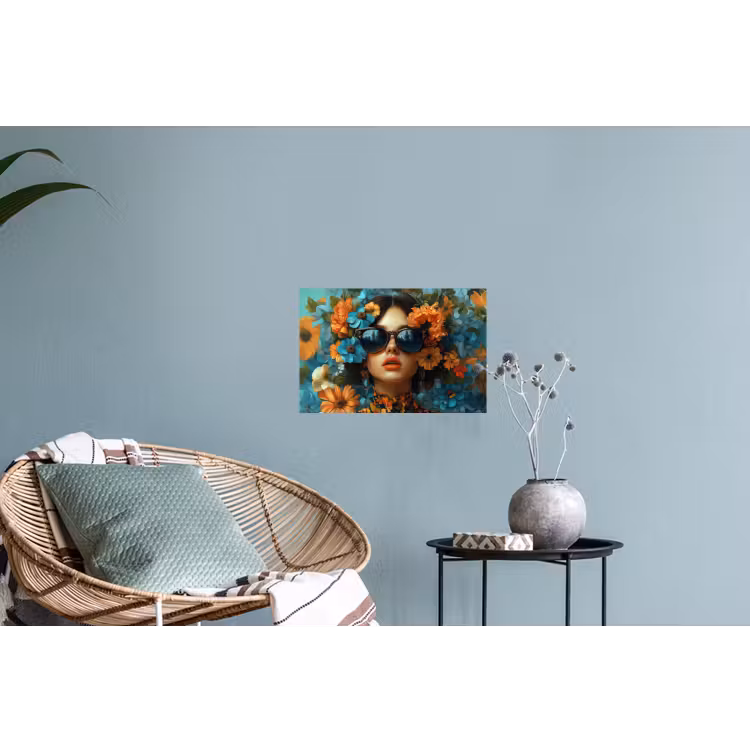 Vrouw - Bloemen - Oranje - Blauw - Modern Muursticker klein -plant
