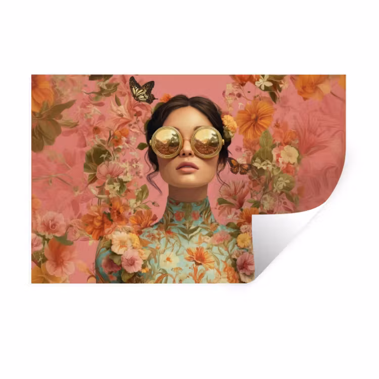 Vrouw - Bril - Roze - Bloemen Muursticker klein -3d