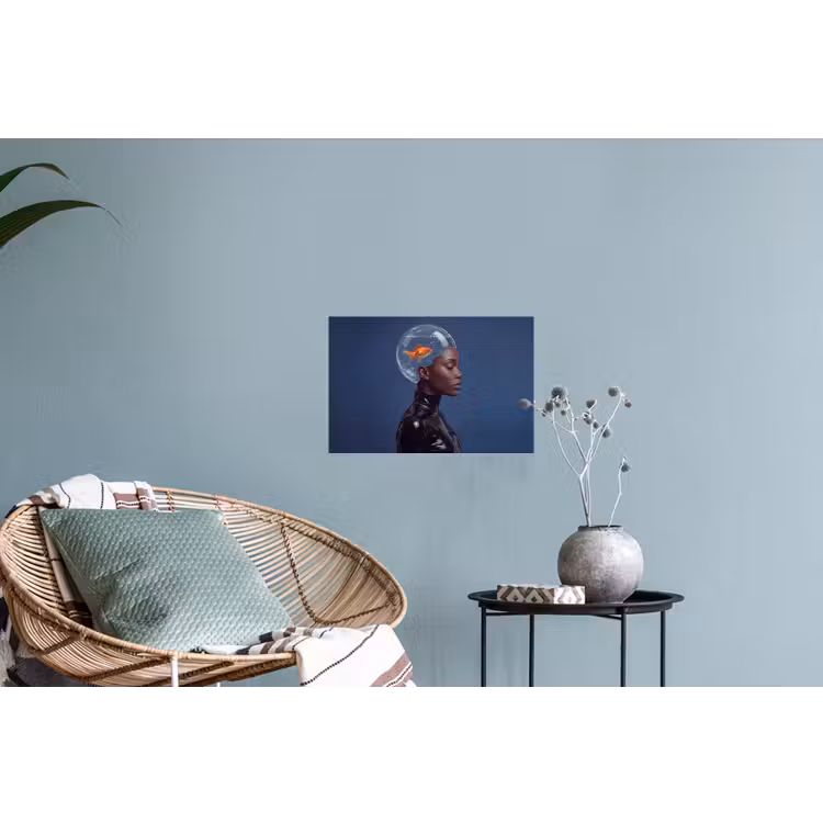 Vrouw - Goudvis - Hoofd - Abstract - Blauw Muursticker klein -plant