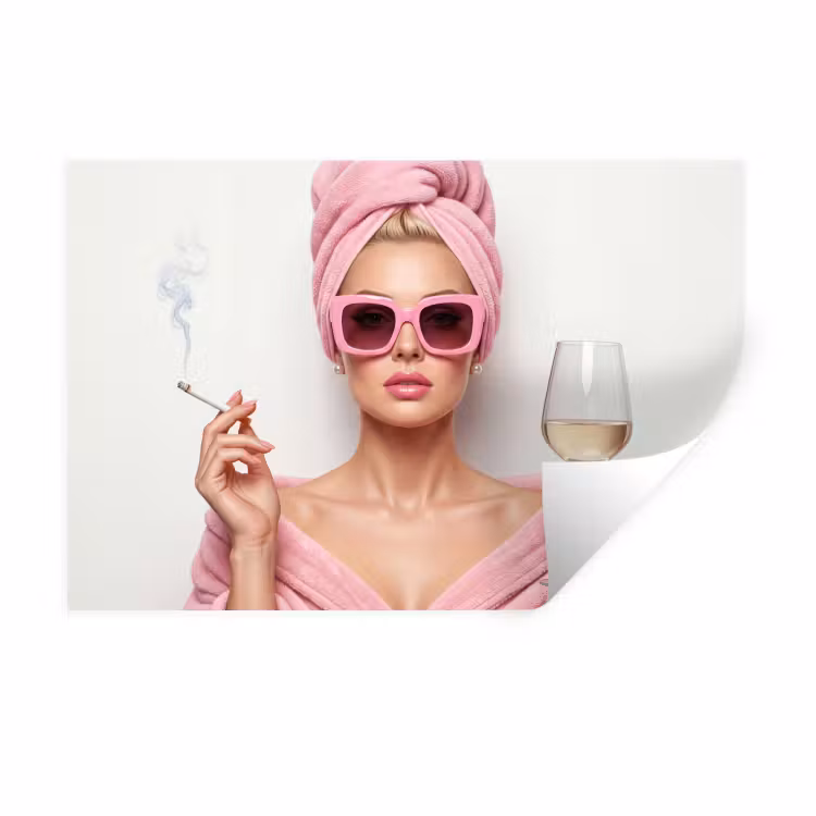 Vrouw - Roze - Wijn - Zonnebril Muursticker klein -3d