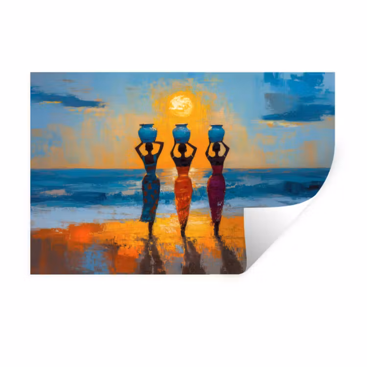 Vrouwen - Strand - Zondsondergang Muursticker klein -3d