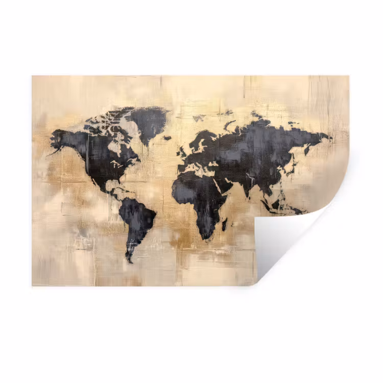 Wereldkaart - Goud - Zwart - Abstract Muursticker klein -3d