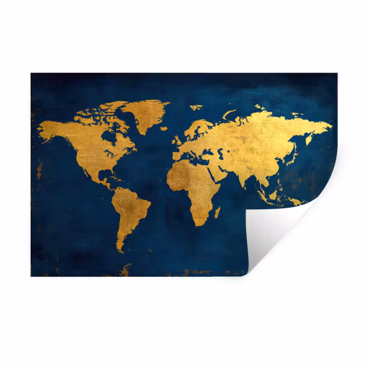 Wereldkaart - Goud - Donkerblauw Muursticker klein -3d