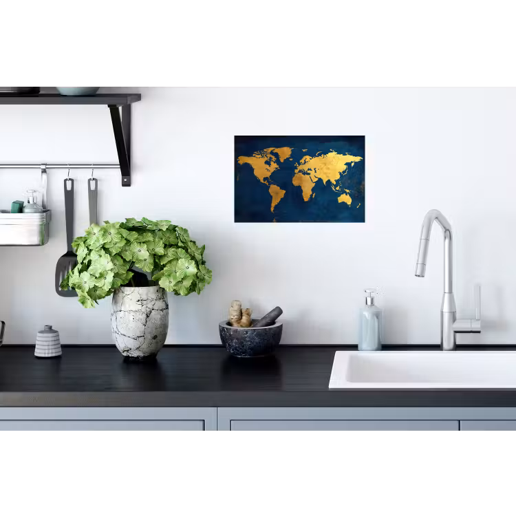Wereldkaart - Goud - Donkerblauw Muursticker klein -keuken