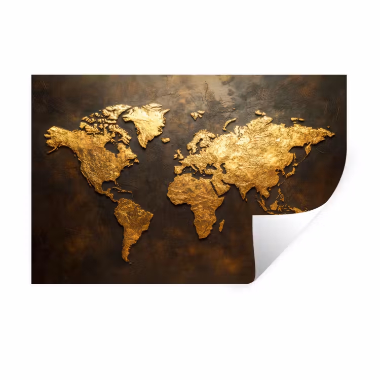 Wereldkaart - Goud - Roest Muursticker klein -3d
