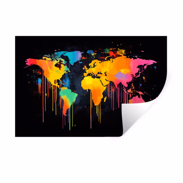 Wereldkaart - Verf - Kleurrijk - Graffiti - Wereld Muursticker klein -3d