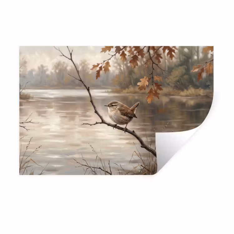 Winterkoninkje - Tak - Rivier - Natuur - Sfeervol Muursticker klein -3d