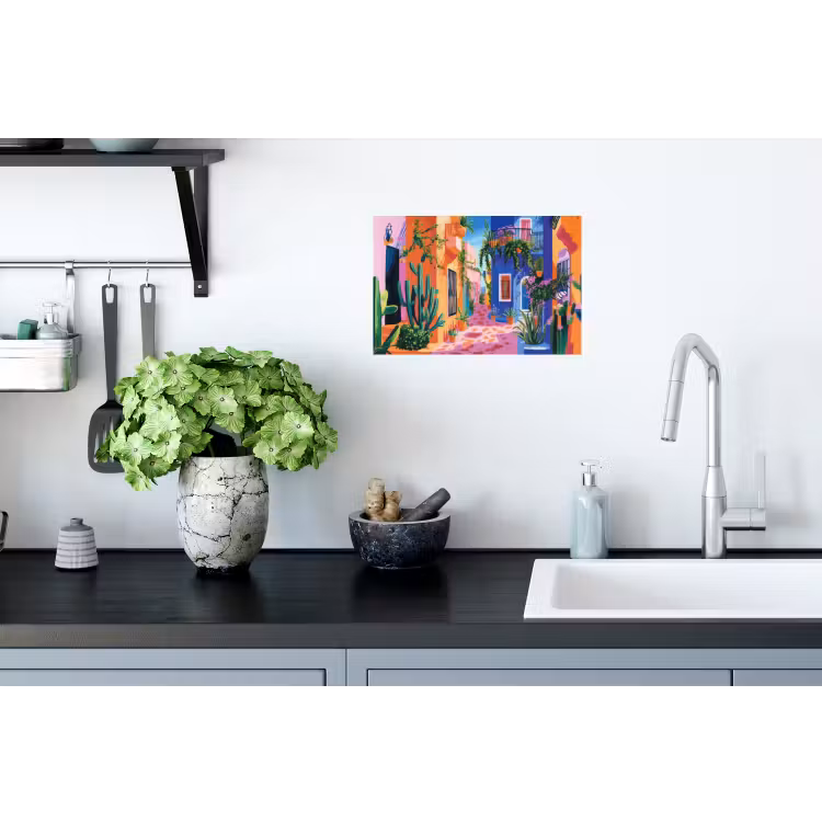 Geel - Blauw - Oranje - Huis Muursticker klein -keuken