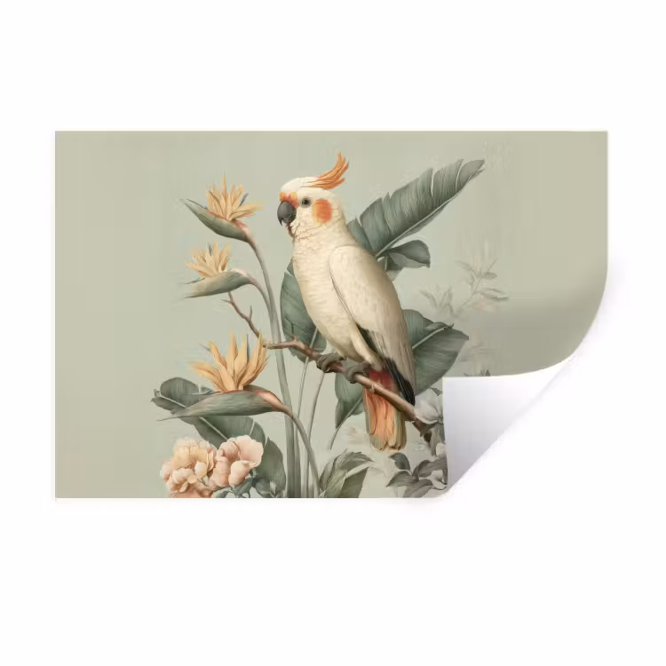 Gele kuifkaketoe - paradijsvogelbloemen - Groen Muursticker klein -3d